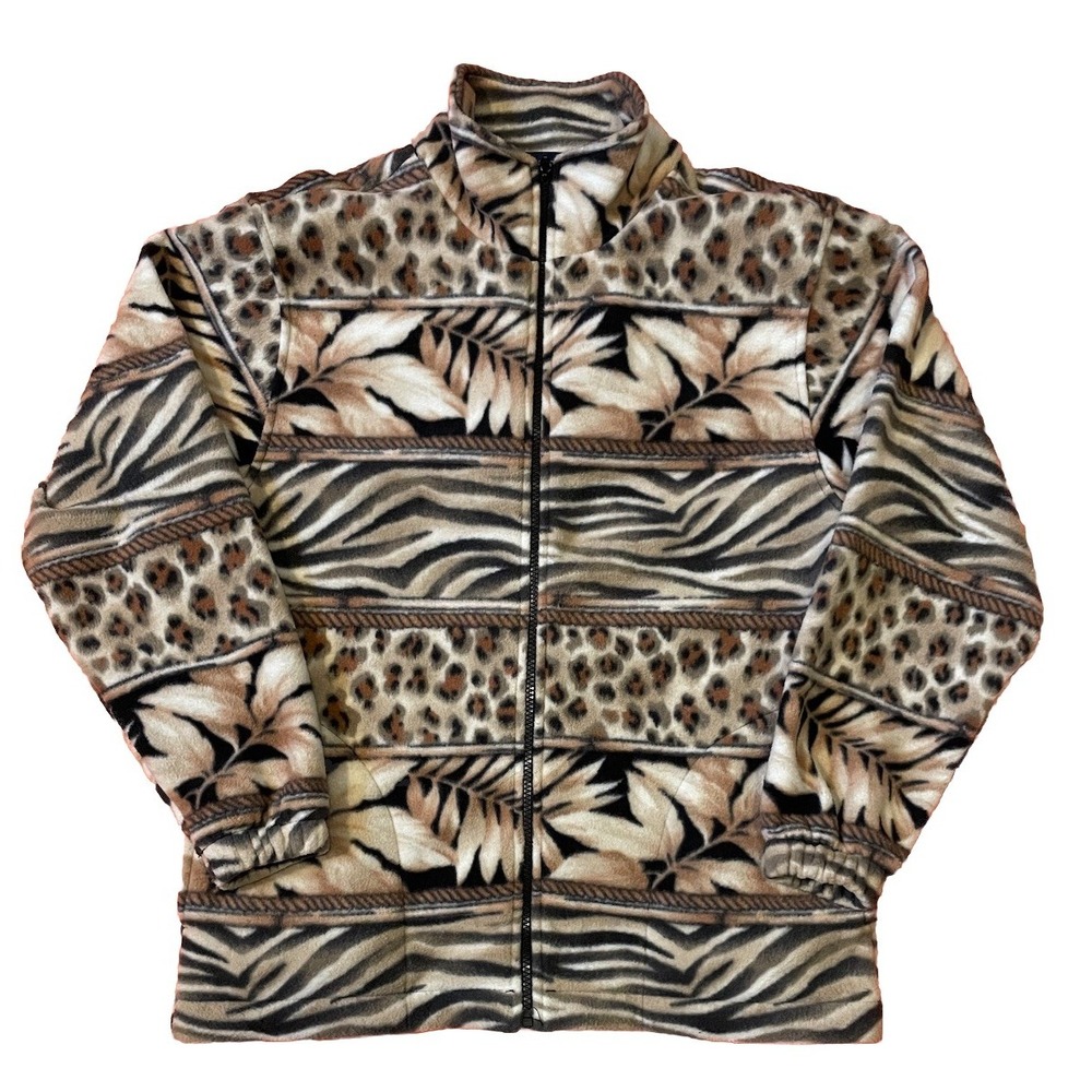 Karen Scott Animal‎ Print Fleece Jacket Brown Womens Sz Small Full Zip Pockets